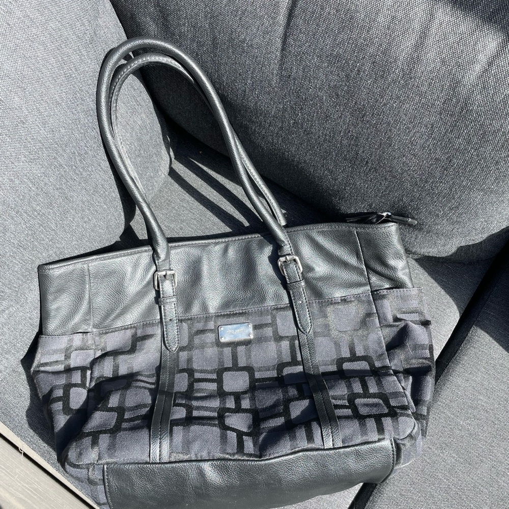 Nine West black fabric and leather tote bag